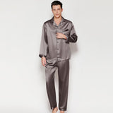 Men's Long Luxury Mulberry Silk Pyjamas Pure Silk Sleepwear Dark Gray XS