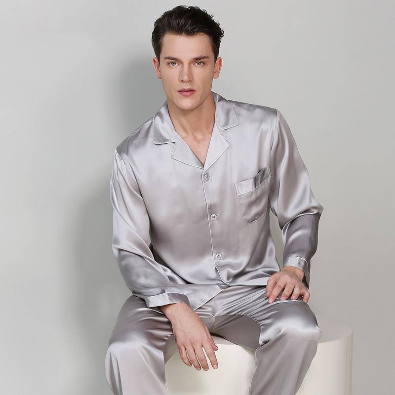 Men's Long Luxury Mulberry Silk Pyjamas Pure Silk Sleepwear Silver Gray XS