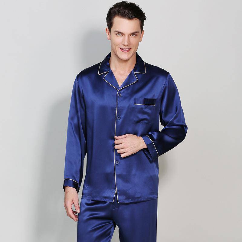 Men's Long Luxury Mulberry Silk Pyjamas Pure Silk Sleepwear Navy Blue XS