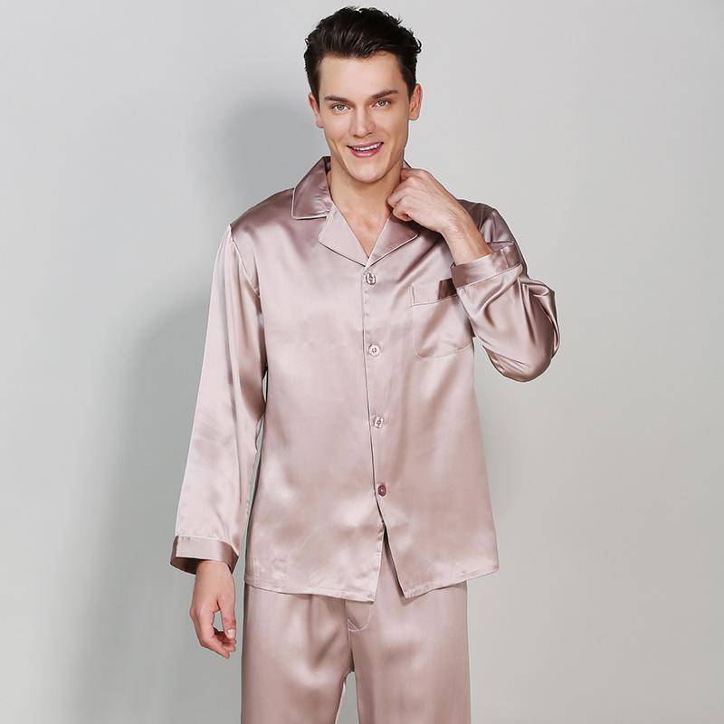 Men's Long Luxury Mulberry Silk Pyjamas Pure Silk Sleepwear Purple Gray XS