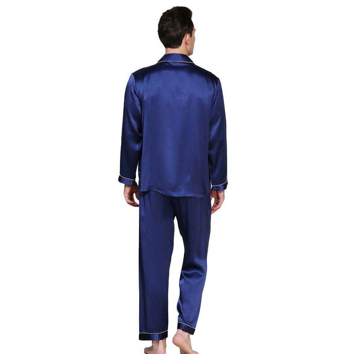 Men's Long Luxury Mulberry Silk Pyjamas Pure Silk Sleepwear Navy Blue XS