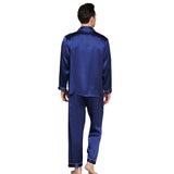 Men's Long Luxury Mulberry Silk Pyjamas Pure Silk Sleepwear Navy Blue XS