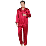 Men's Long Luxury Mulberry Silk Pyjamas Pure Silk Sleepwear Claret XS