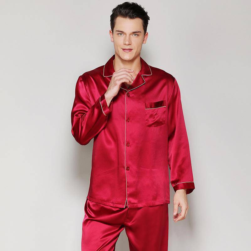 Men's Long Luxury Mulberry Silk Pyjamas Pure Silk Sleepwear Claret XS