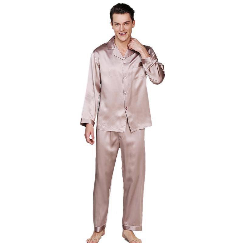 Men's Long Luxury Mulberry Silk Pyjamas Pure Silk Sleepwear Purple Gray XS