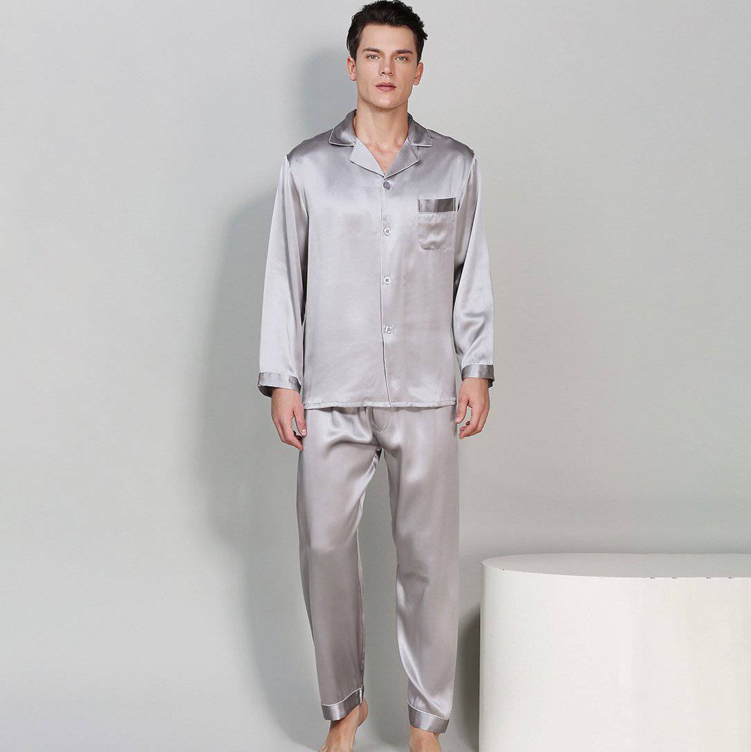 Men's Long Luxury Mulberry Silk Pyjamas Pure Silk Sleepwear Silver Gray XS