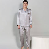 Men's Long Luxury Mulberry Silk Pyjamas Pure Silk Sleepwear Silver Gray XS