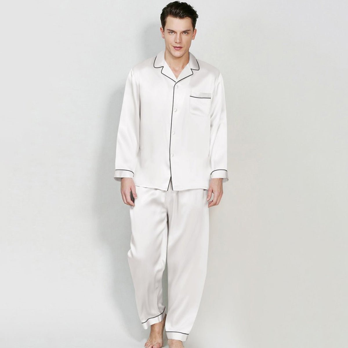 Men's Long Luxury Mulberry Silk Pyjamas Pure Silk Sleepwear White XS