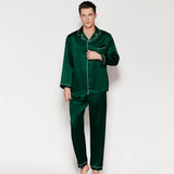 Men's Long Luxury Mulberry Silk Pyjamas Pure Silk Sleepwear Dark Green XS