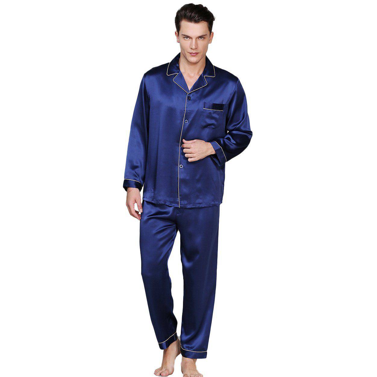 Men's Long Luxury Mulberry Silk Pyjamas Pure Silk Sleepwear Navy Blue XS