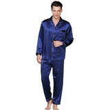 Men's Long Luxury Mulberry Silk Pyjamas Pure Silk Sleepwear Navy Blue XS