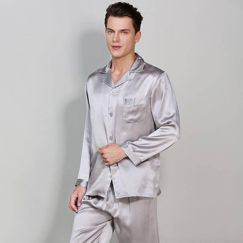 Men's Long Luxury Mulberry Silk Pyjamas Pure Silk Sleepwear Silver Gray XS
