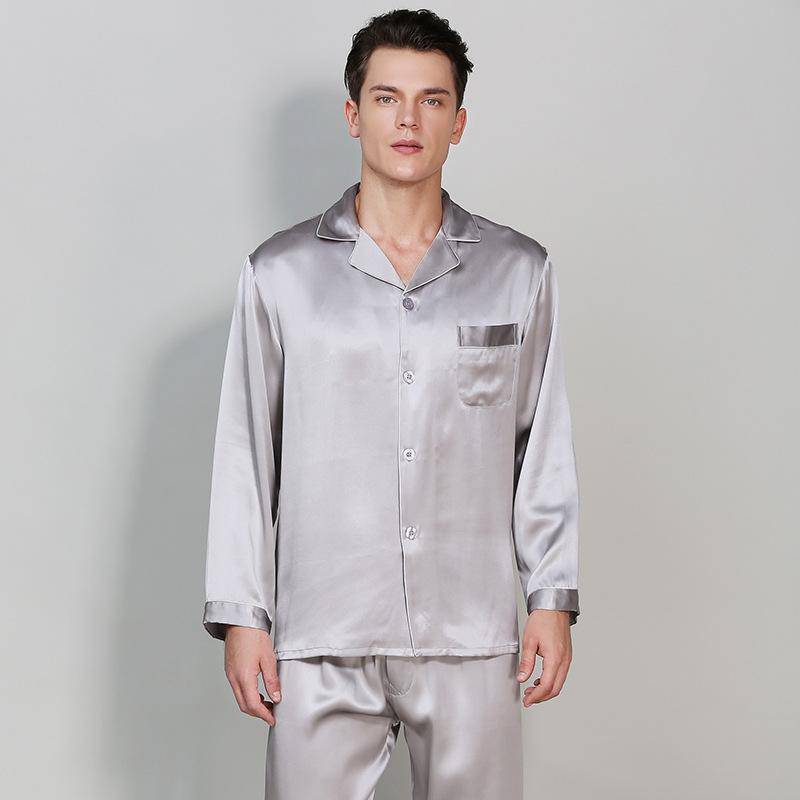 Men's Long Luxury Mulberry Silk Pyjamas Pure Silk Sleepwear Silver Gray XS