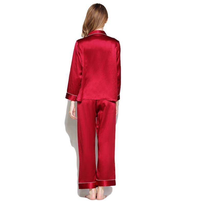Silk Pajamas Long Mulberry Silk Two - piece Silk Pyjamas Set Claret XS
