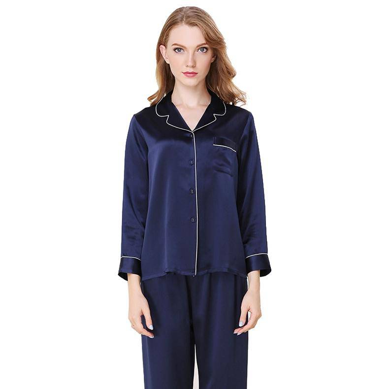 Silk Pajamas Long Mulberry Silk Two - piece Silk Pyjamas Set Navy Blue XS