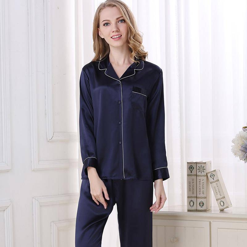 Silk Pajamas Long Mulberry Silk Two - piece Silk Pyjamas Set Navy Blue XS