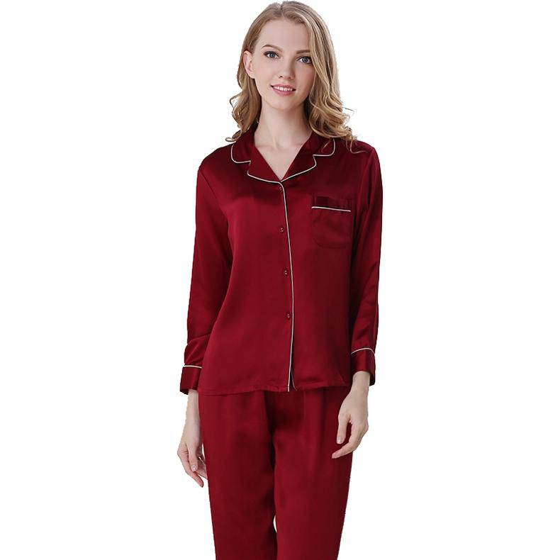 Silk Pajamas Long Mulberry Silk Two - piece Silk Pyjamas Set Claret XS
