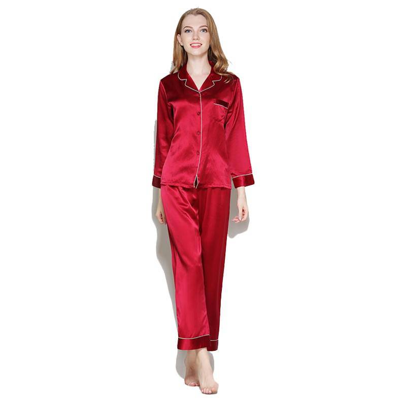 Silk Pajamas Long Mulberry Silk Two - piece Silk Pyjamas Set Claret XS