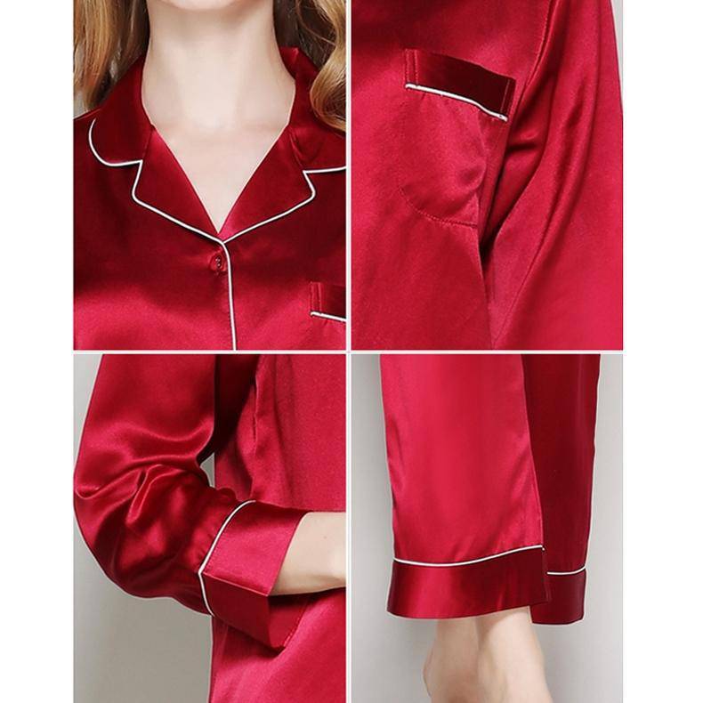 Silk Pajamas Long Mulberry Silk Two - piece Silk Pyjamas Set Claret XS