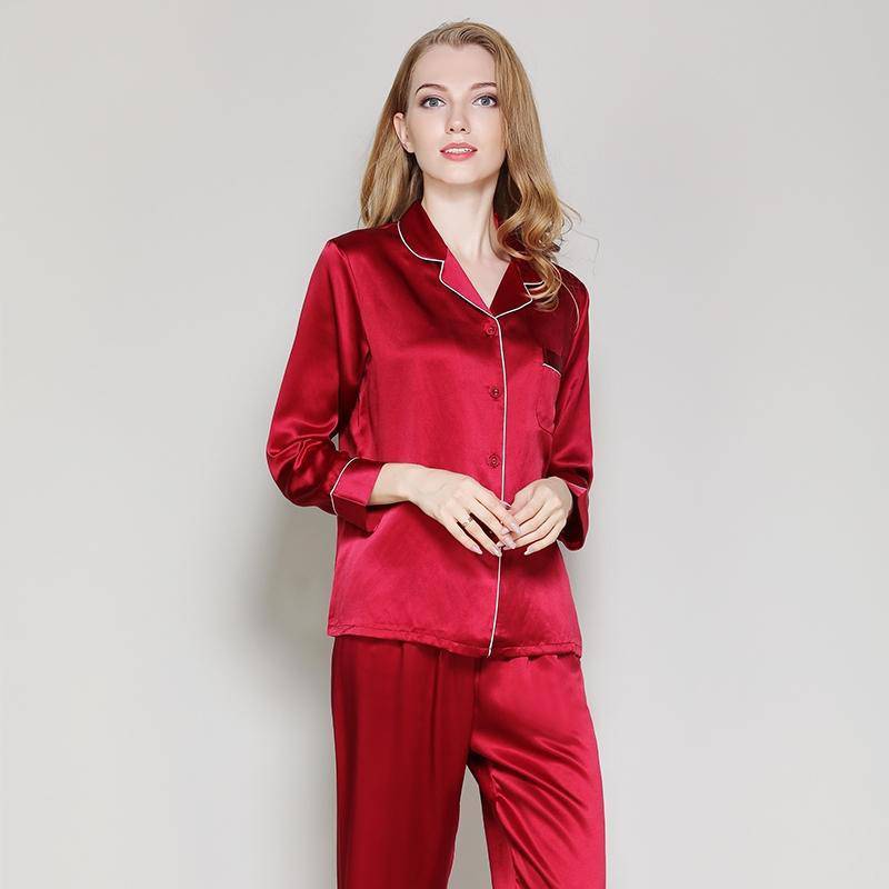 Silk Pajamas Long Mulberry Silk Two - piece Silk Pyjamas Set Claret XS