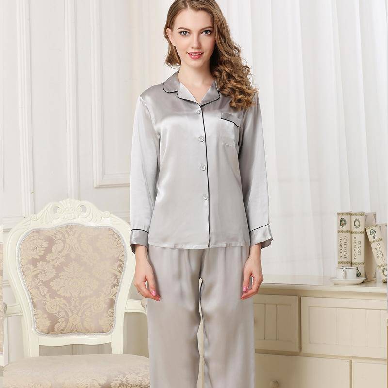 Silk Pajamas Long Mulberry Silk Two - piece Silk Pyjamas Set Black XS