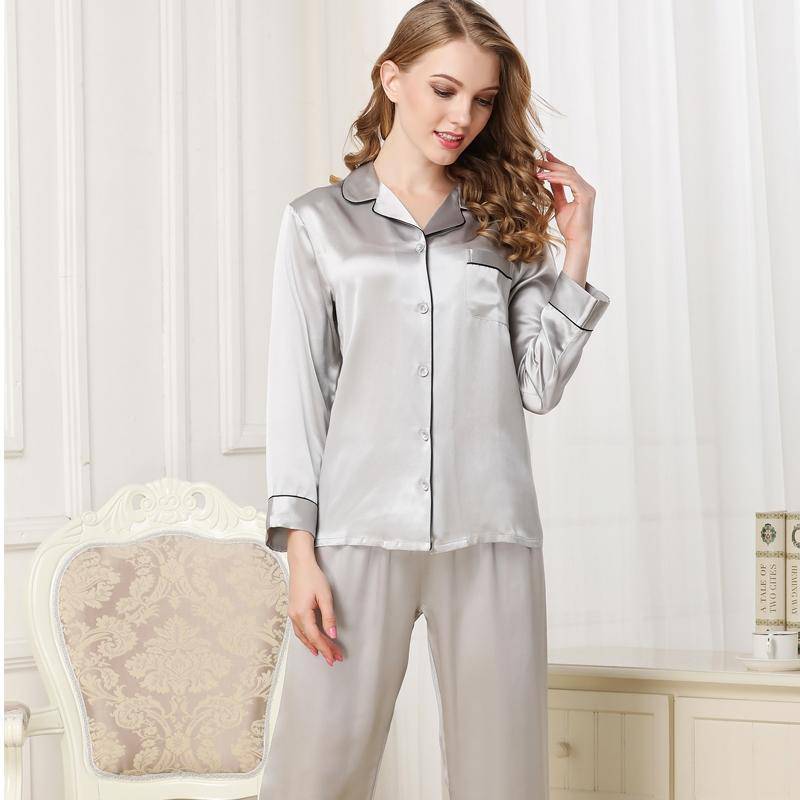 Silk Pajamas Long Mulberry Silk Two - piece Silk Pyjamas Set Black XS
