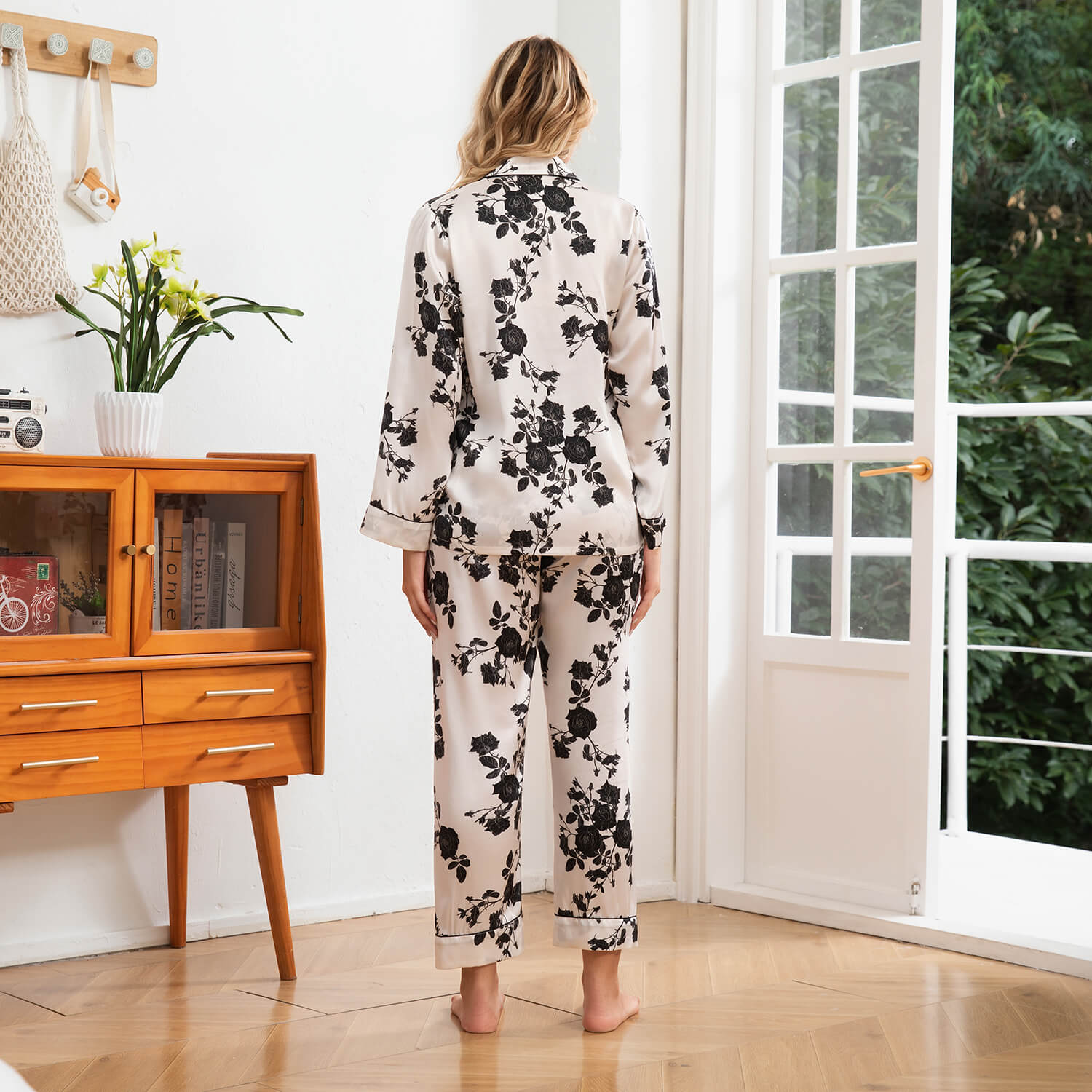 Black Rose Print Silk Pajama Set Womens Silk Pajamas Floral Pattern Silk PJS White XS