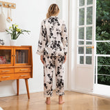 Black Rose Print Silk Pajama Set Womens Silk Pajamas Floral Pattern Silk PJS White XS