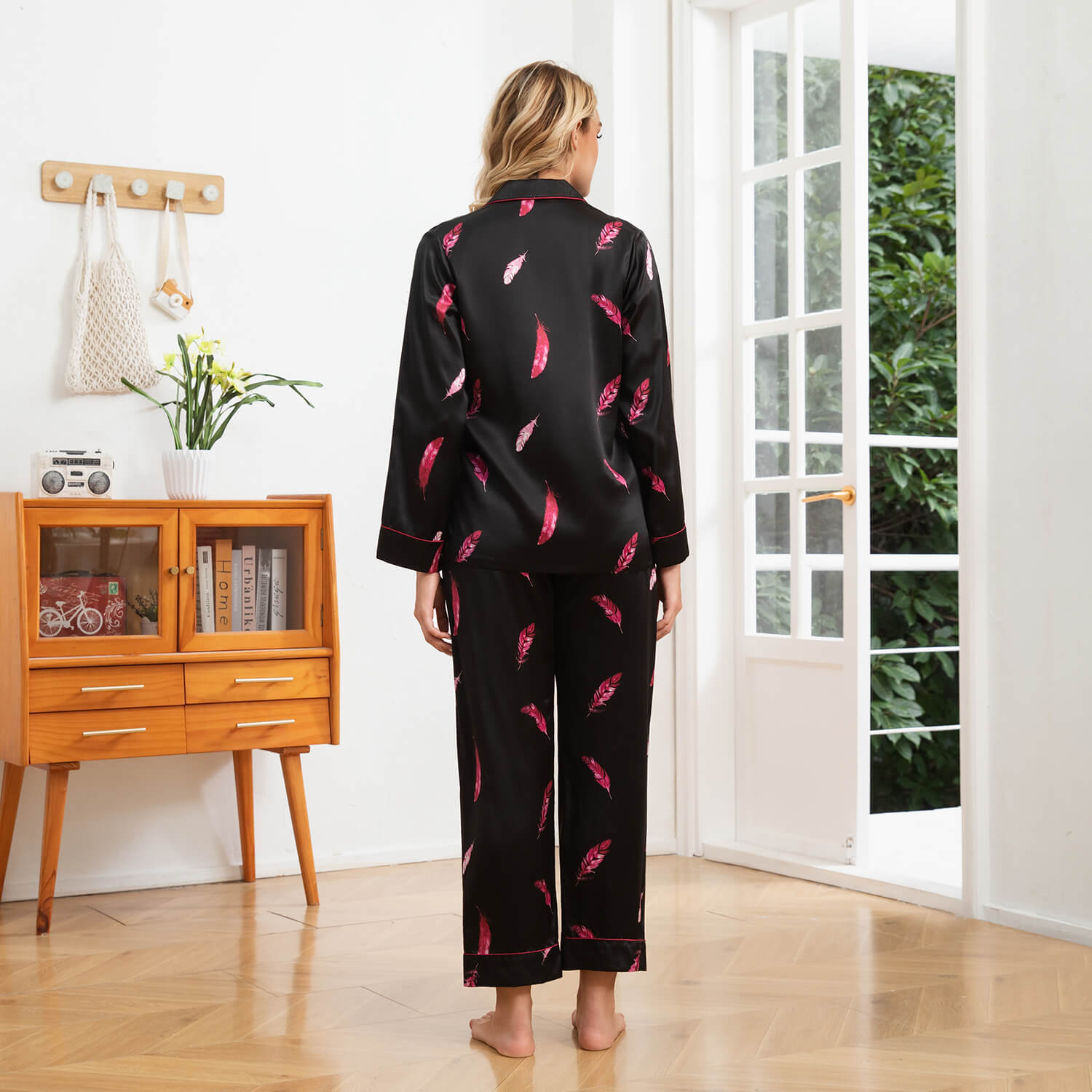Black Silk Pajamas with Pink Feather Print Long Sleeve Silk Pajama Set Silk PJ Sets Black XS