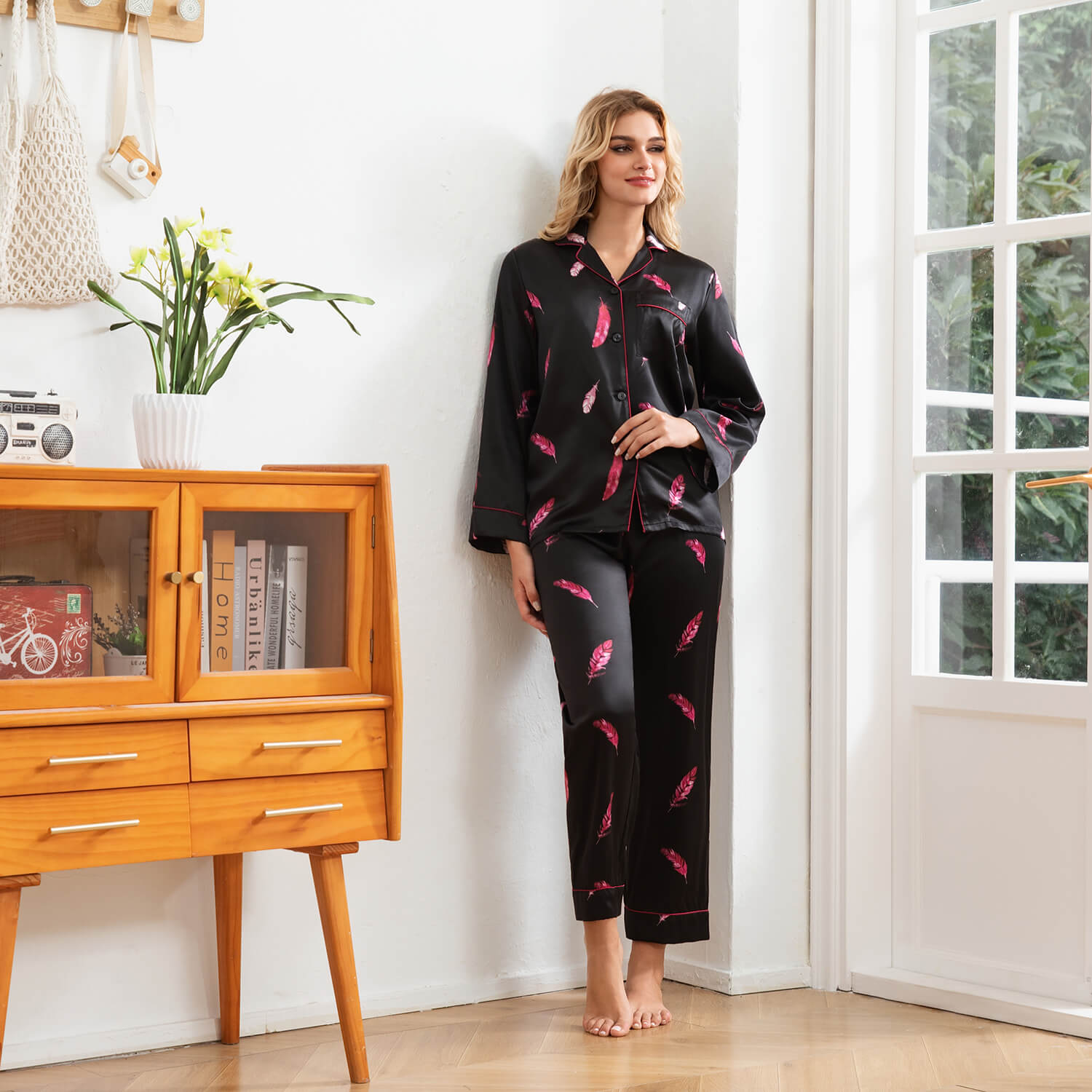 Black Silk Pajamas with Pink Feather Print Long Sleeve Silk Pajama Set Silk PJ Sets Black XS