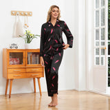 Black Silk Pajamas with Pink Feather Print Long Sleeve Silk Pajama Set Silk PJ Sets Black XS