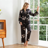 Blossom Print Long Sleeve Silk Pajama Set Floral Silk Pajamas for Women Black XS