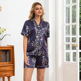Blossom Print Silk Pajamas for Women Floral Silk Pajama Set Silk PJ Set Navy Blue XS