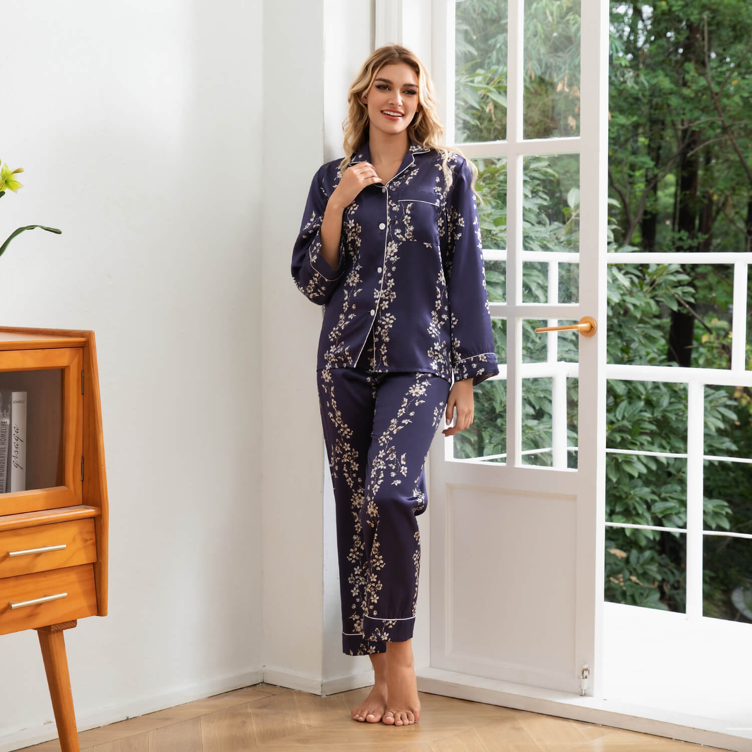 Blossom Print Silk Pajamas for Women Floral Silk Sleepwear Silk Pajama Set Silk Pj Set Navy Blue XS