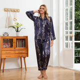 Blossom Print Silk Pajamas for Women Floral Silk Sleepwear Silk Pajama Set Silk Pj Set Navy Blue XS