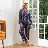 Blossom Print Silk Pajamas for Women Floral Silk Sleepwear Silk Pajama Set Silk Pj Set Navy Blue XS