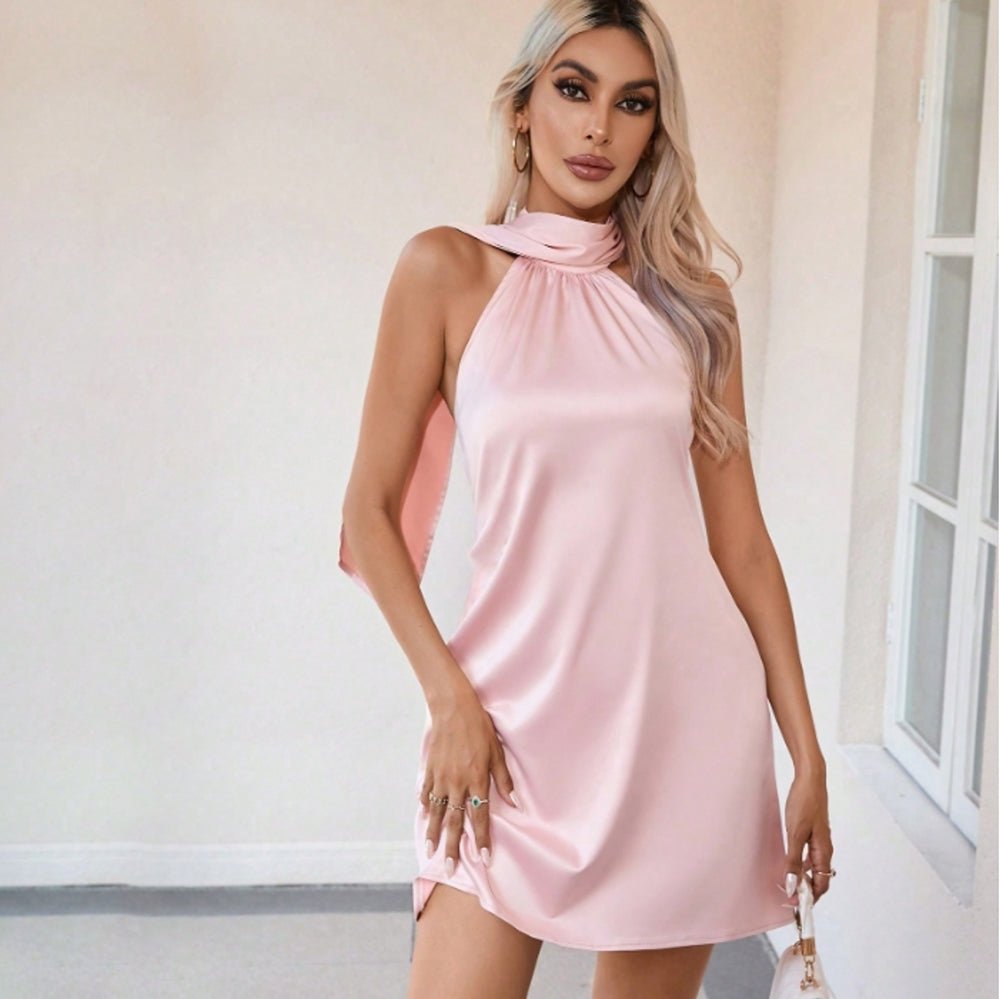 Silk Halter Mini Dress with Scarf Neck Open Back Short Silk Dress Pink XS