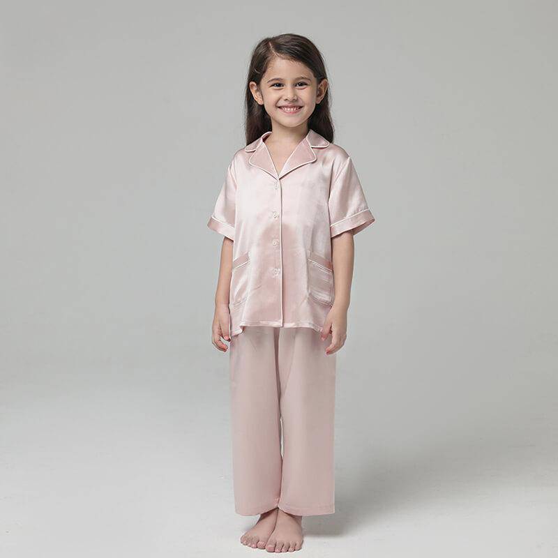 Boys And Girls Silk Pajama Set Short Sleeves Kids Pajamas Pink XS