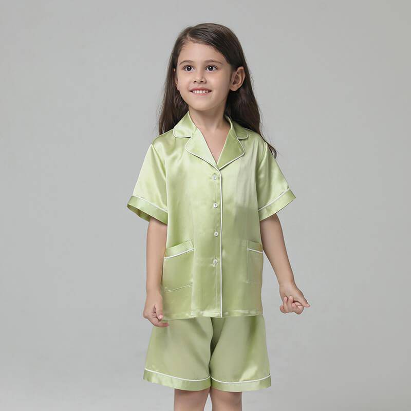 Short Kids' Silk Pajama Set Child's Silk Pajamas Light Green XS