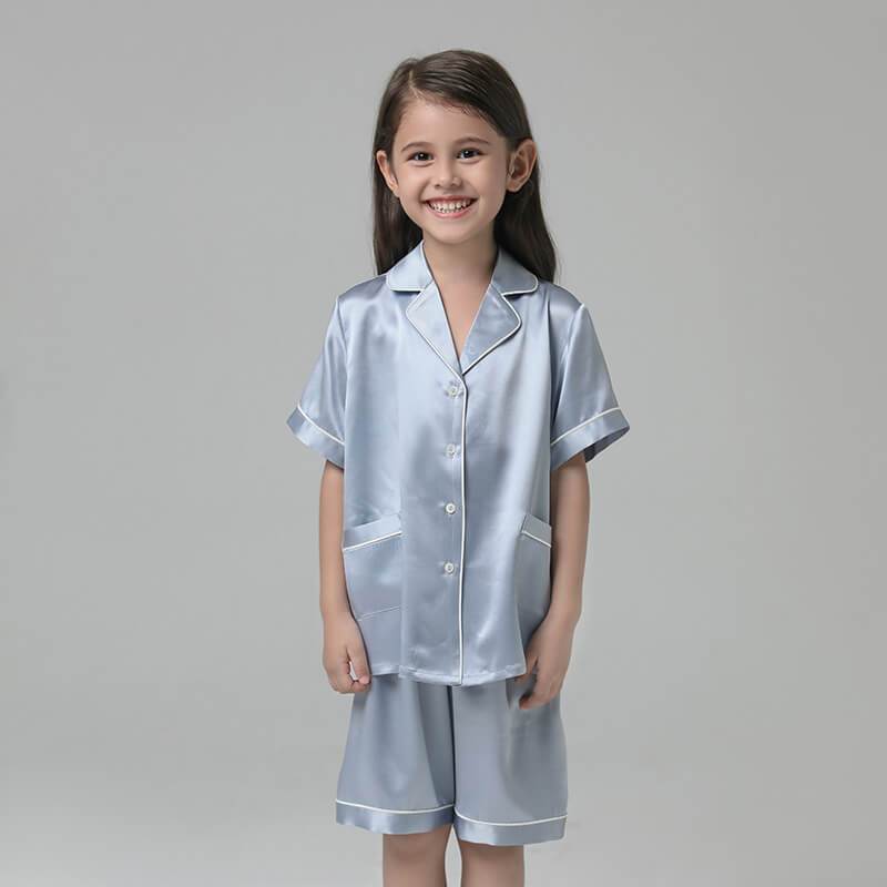 Short Kids' Silk Pajama Set Child's Silk Pajamas Light Blue XS