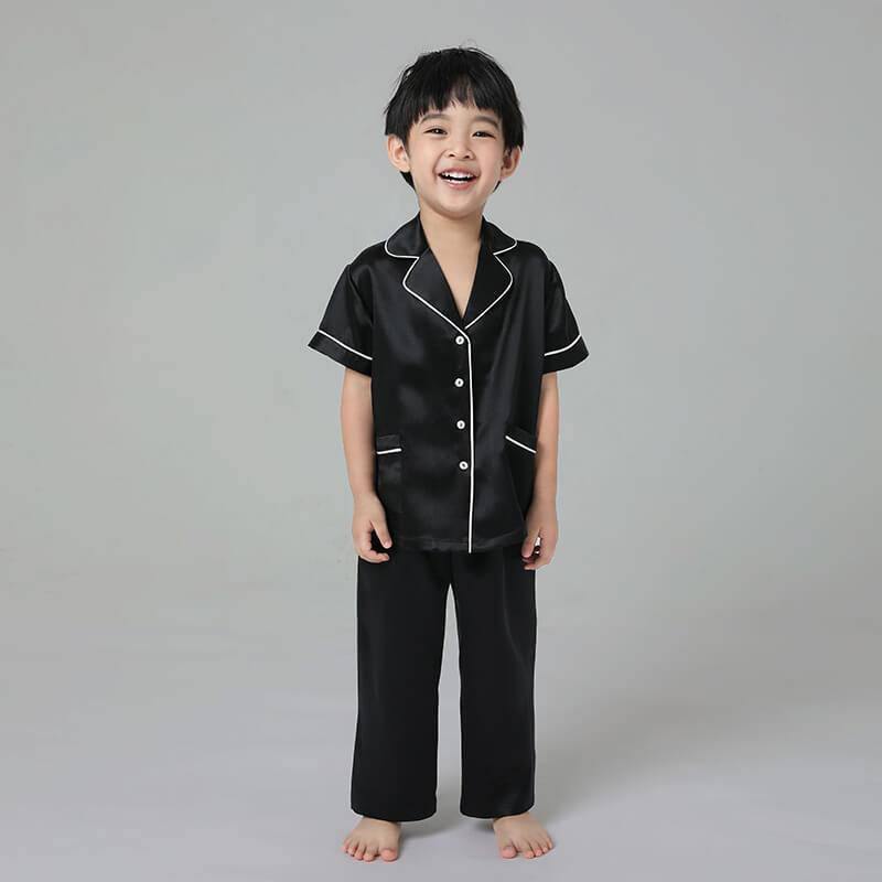 Boys Silk Pajamas Set Two Piece Short Kids Silk Sleepwear Black XS