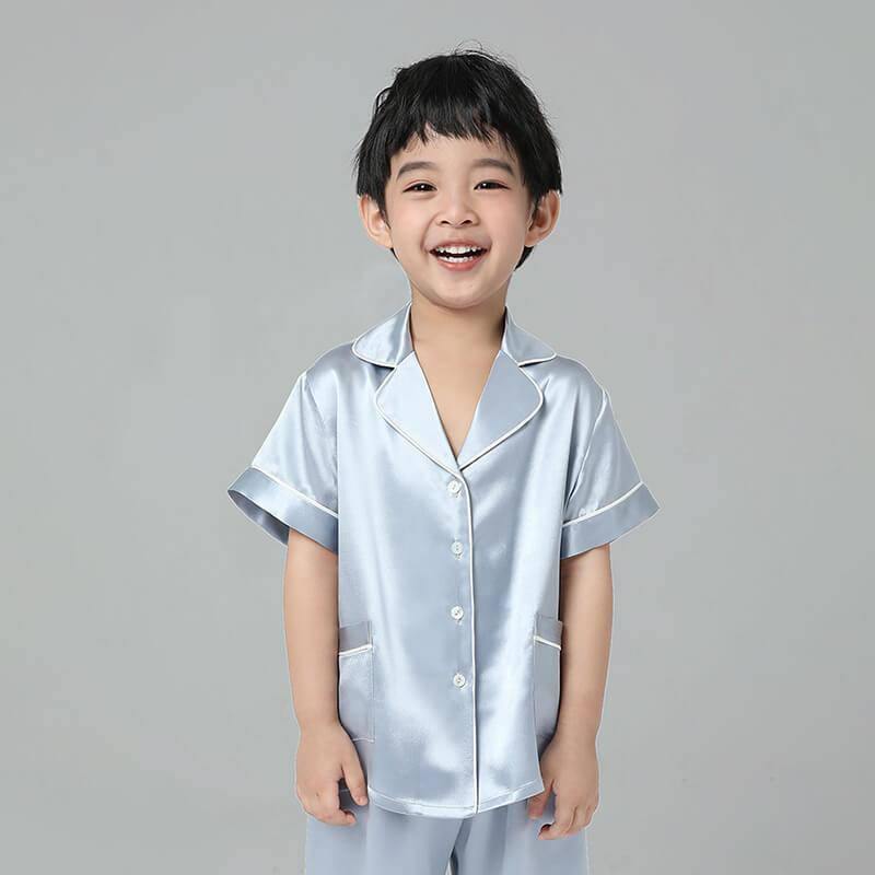 Boys Silk Pajamas Set Two Piece Short Kids Silk Sleepwear Light Blue XS