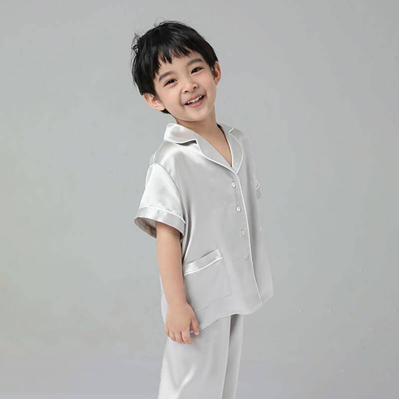 Boys Silk Pajamas Set Two Piece Short Kids Silk Sleepwear Silver Gray XS