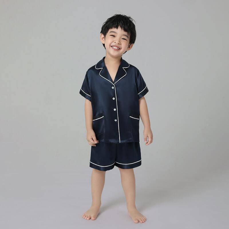 Boys Silk Pajama Sets Short Two Piece Kids Silk Sleepwear Navy Blue XS