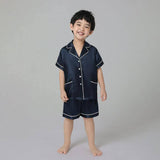 Boys Silk Pajama Sets Short Two Piece Kids Silk Sleepwear Navy Blue XS