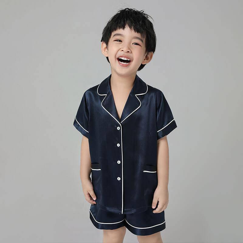 Boys Silk Pajama Sets Short Two Piece Kids Silk Sleepwear Black XS