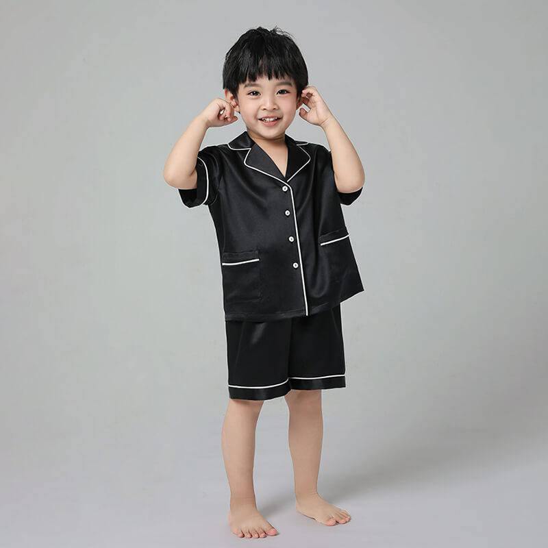 Boys Silk Pajama Sets Short Two Piece Kids Silk Sleepwear Black XS