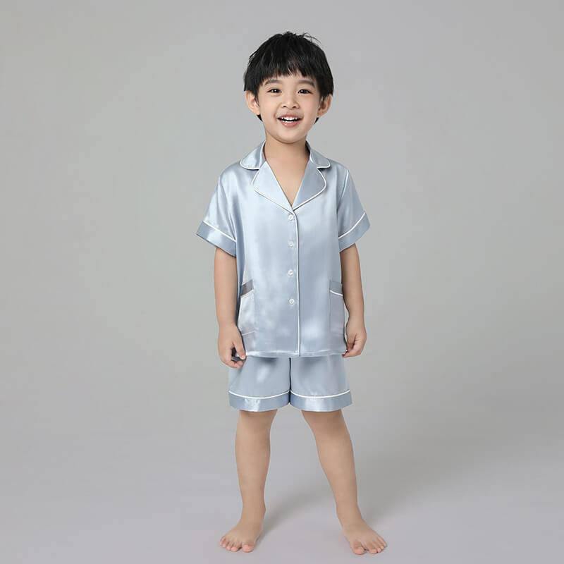 Boys Silk Pajama Sets Short Two Piece Kids Silk Sleepwear Light Blue XS