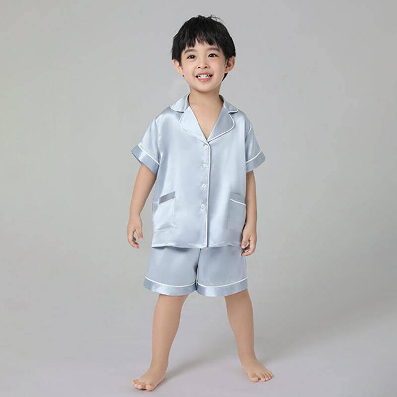 Boys Silk Pajama Sets Short Two Piece Kids Silk Sleepwear Light Blue XS