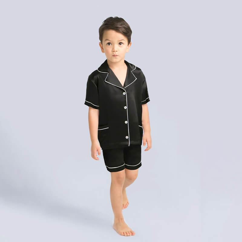 Boys Silk Pajama Sets Short Two Piece Kids Silk Sleepwear Black XS